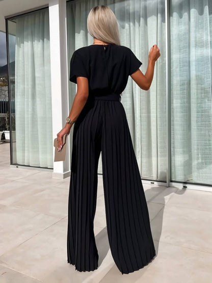 Cocolii combinaisons larges jambes évasé col bénitier plissé ceinture manches courtes femme casual simple décontracté