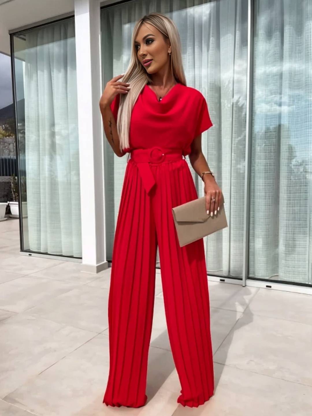 Cocolii combinaisons larges jambes évasé col bénitier plissé ceinture manches courtes femme casual simple décontracté