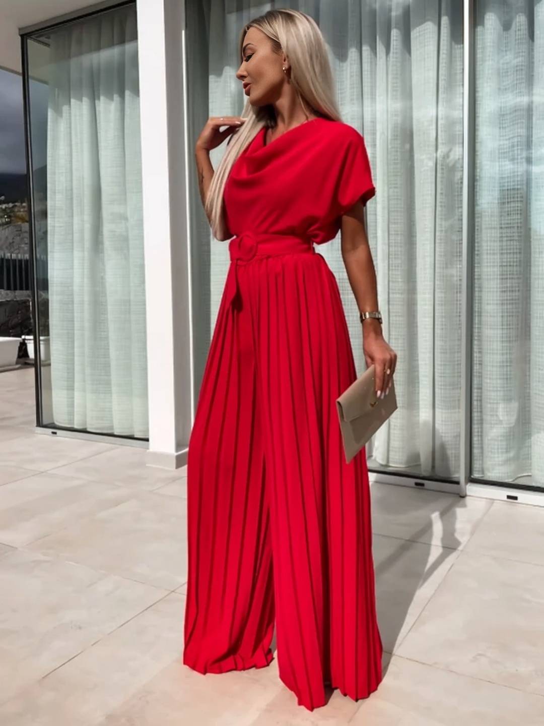 Cocolii combinaisons larges jambes évasé col bénitier plissé ceinture manches courtes femme casual simple décontracté