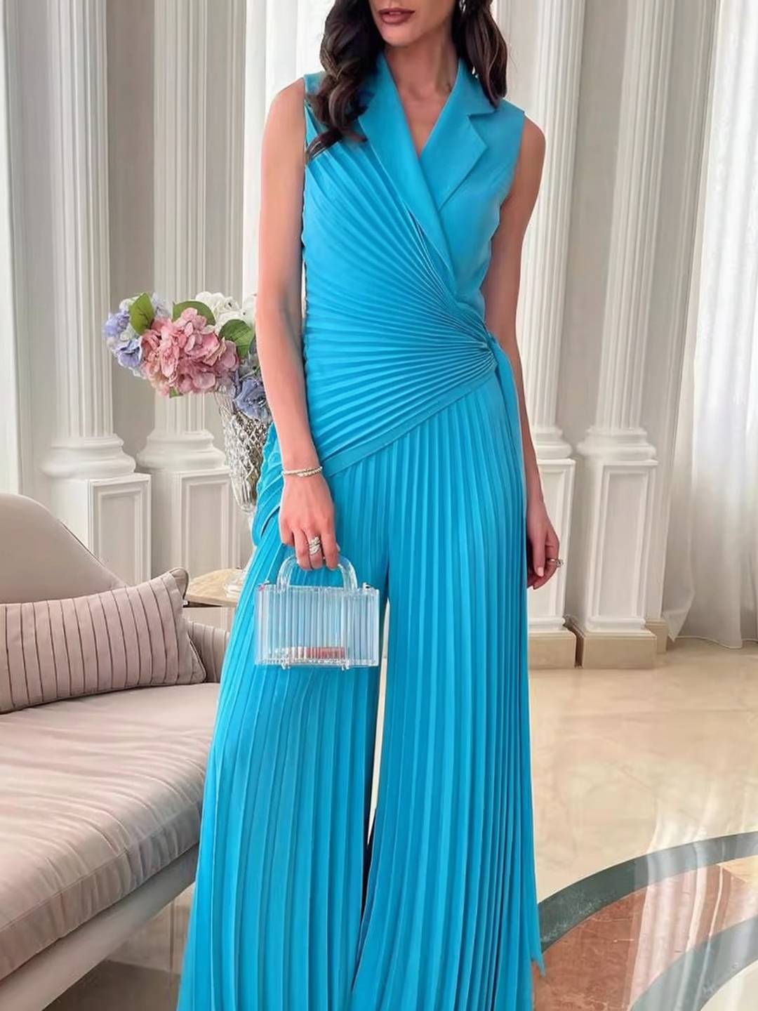 Cocolii combinaisons larges jambes évasé plissée femme v-cou style blazer sans manches élégant pour soirée ou cérémonie