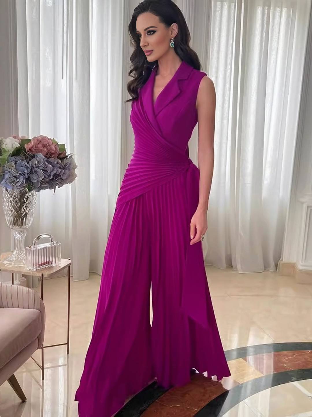 Cocolii combinaisons larges jambes évasé plissée femme v-cou style blazer sans manches élégant pour soirée ou cérémonie