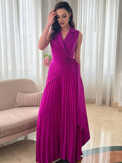 Cocolii combinaisons larges jambes évasé plissée femme v-cou style blazer sans manches élégant pour soirée ou cérémonie