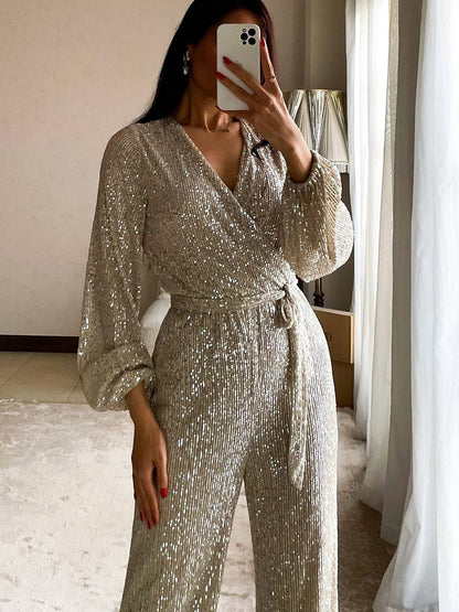 Cocolii combinaisons brillante paillette ceinture v-cou manches longues femme élégant décontracté tenue de soirée