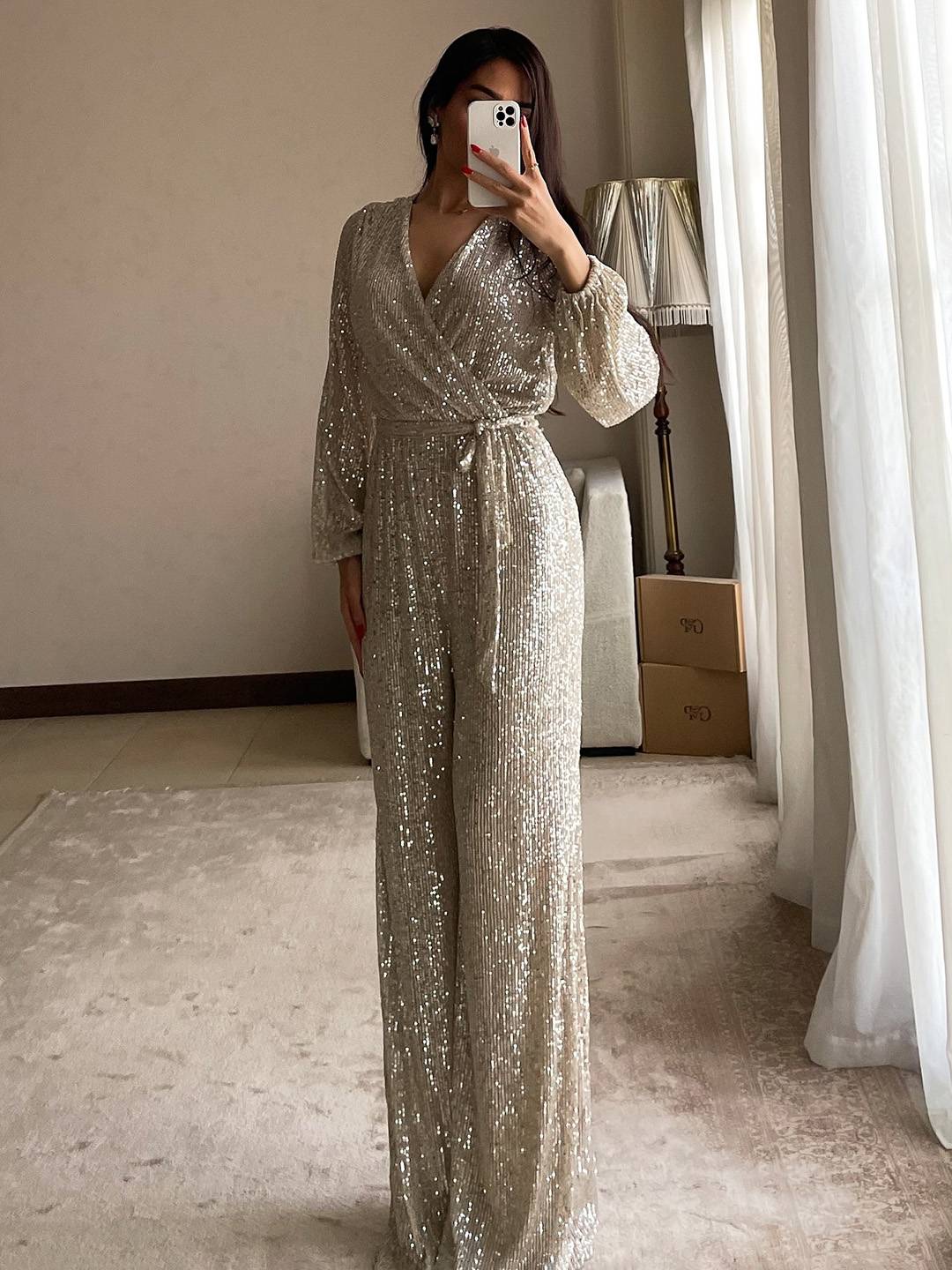 Cocolii combinaisons brillante paillette ceinture v-cou manches longues femme élégant décontracté tenue de soirée