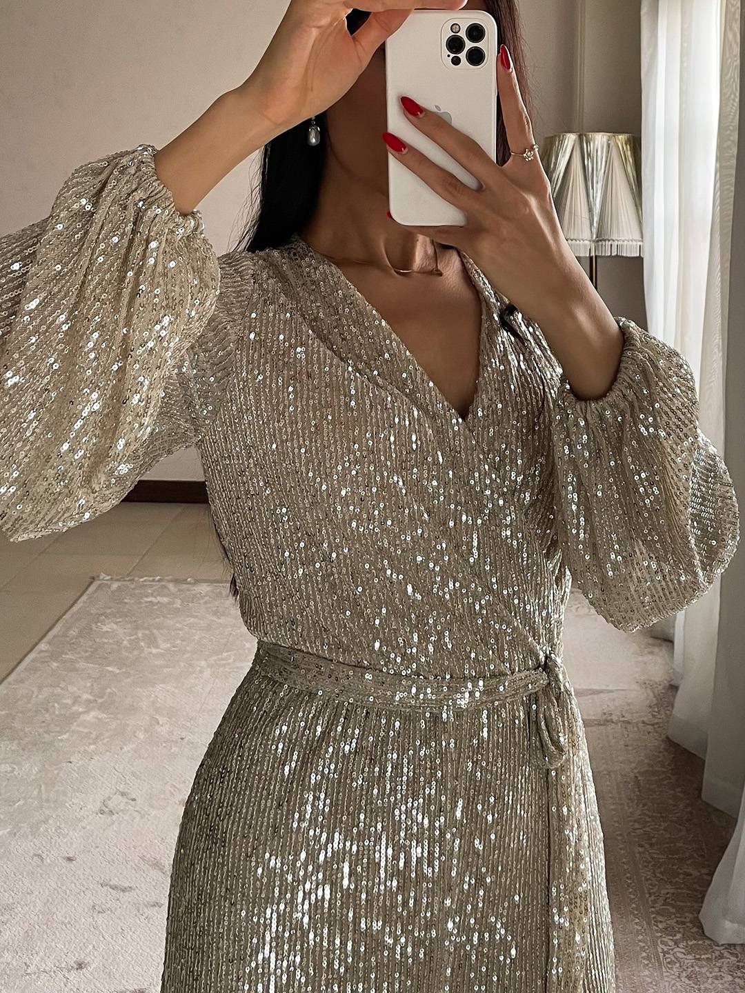 Cocolii combinaisons brillante paillette ceinture v-cou manches longues femme élégant décontracté tenue de soirée