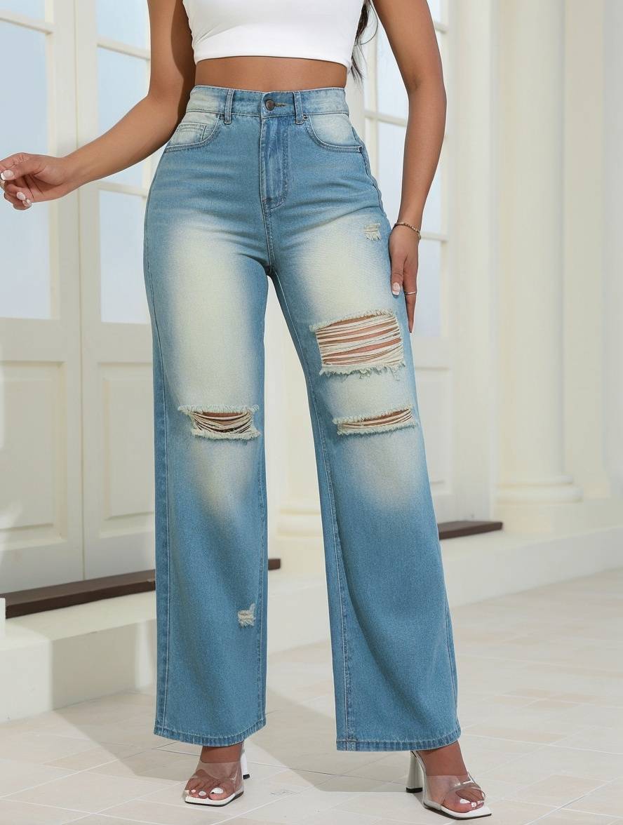 Cocolii jeans droit coton taille haute femme élégant vintage décontracté mode casual
