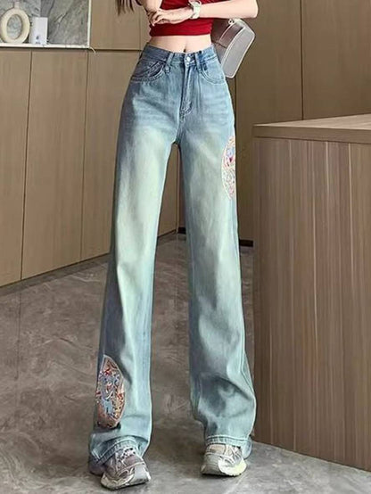 Cocolii jeans larges jambes évasé droit brodée taille haute femme élégant décontracté mode casual