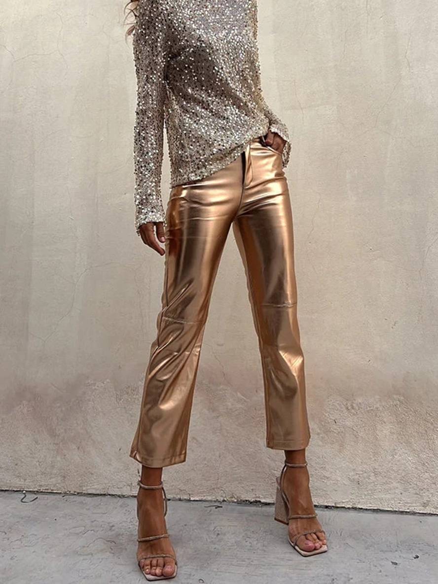 Cocolii pantalons droit fermeture éclair poches mi taille femme élégant décontracté mode casual