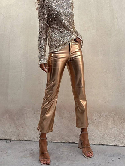 Cocolii pantalons droit fermeture éclair poches mi taille femme élégant décontracté mode casual