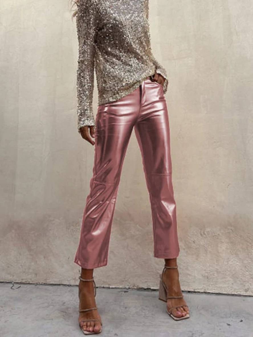 Cocolii pantalons droit fermeture éclair poches mi taille femme élégant décontracté mode casual