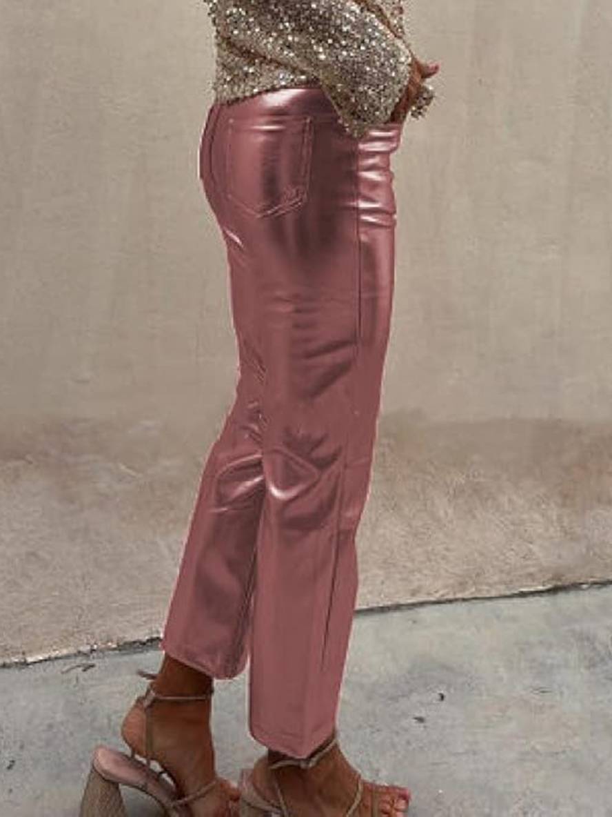 Cocolii pantalons droit fermeture éclair poches mi taille femme élégant décontracté mode casual