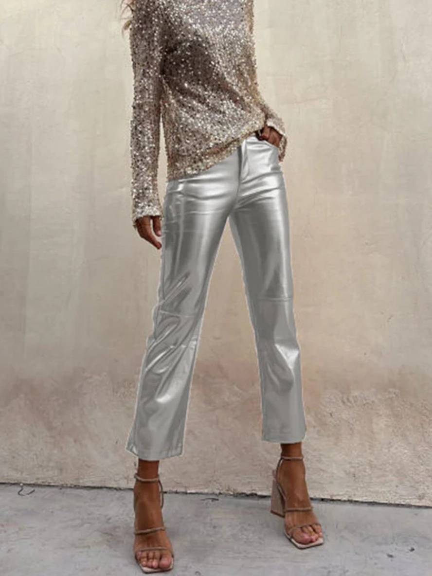 Cocolii pantalons droit fermeture éclair poches mi taille femme élégant décontracté mode casual