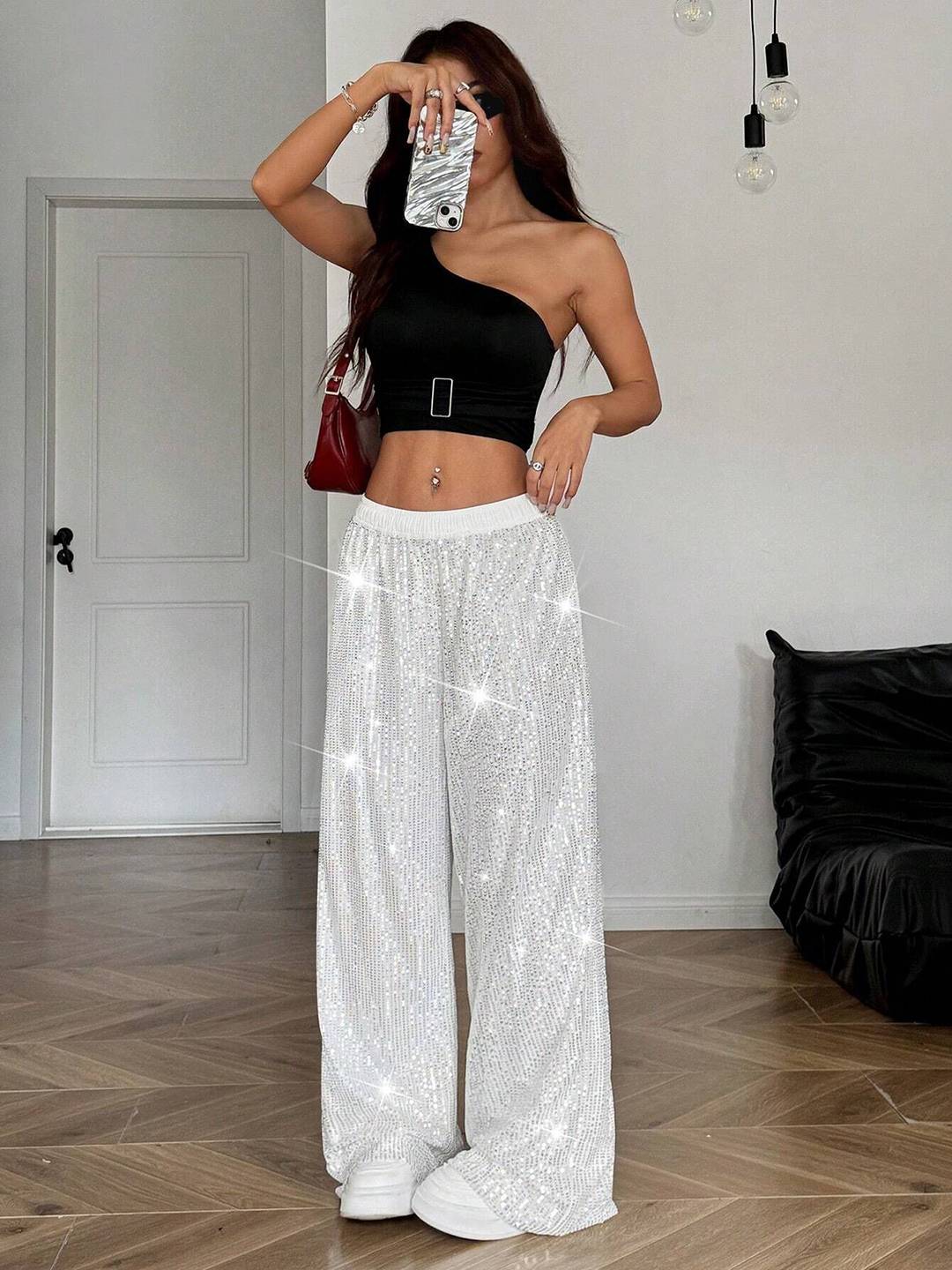 Cocolii pantalons larges jambes évasé femme brillante paillette taille élastique décontracté pour soirée noël