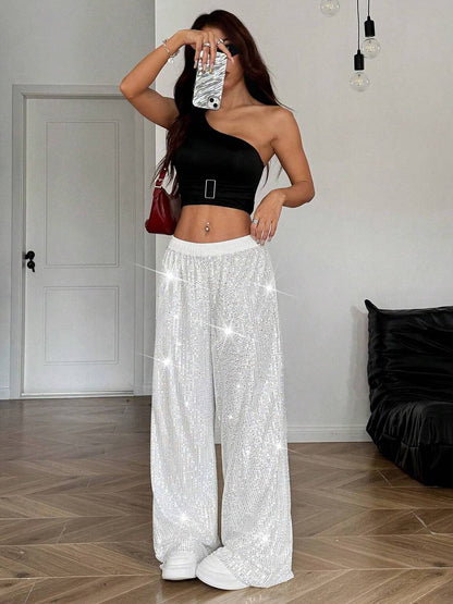 Cocolii pantalons larges jambes évasé femme brillante paillette taille élastique décontracté pour soirée noël
