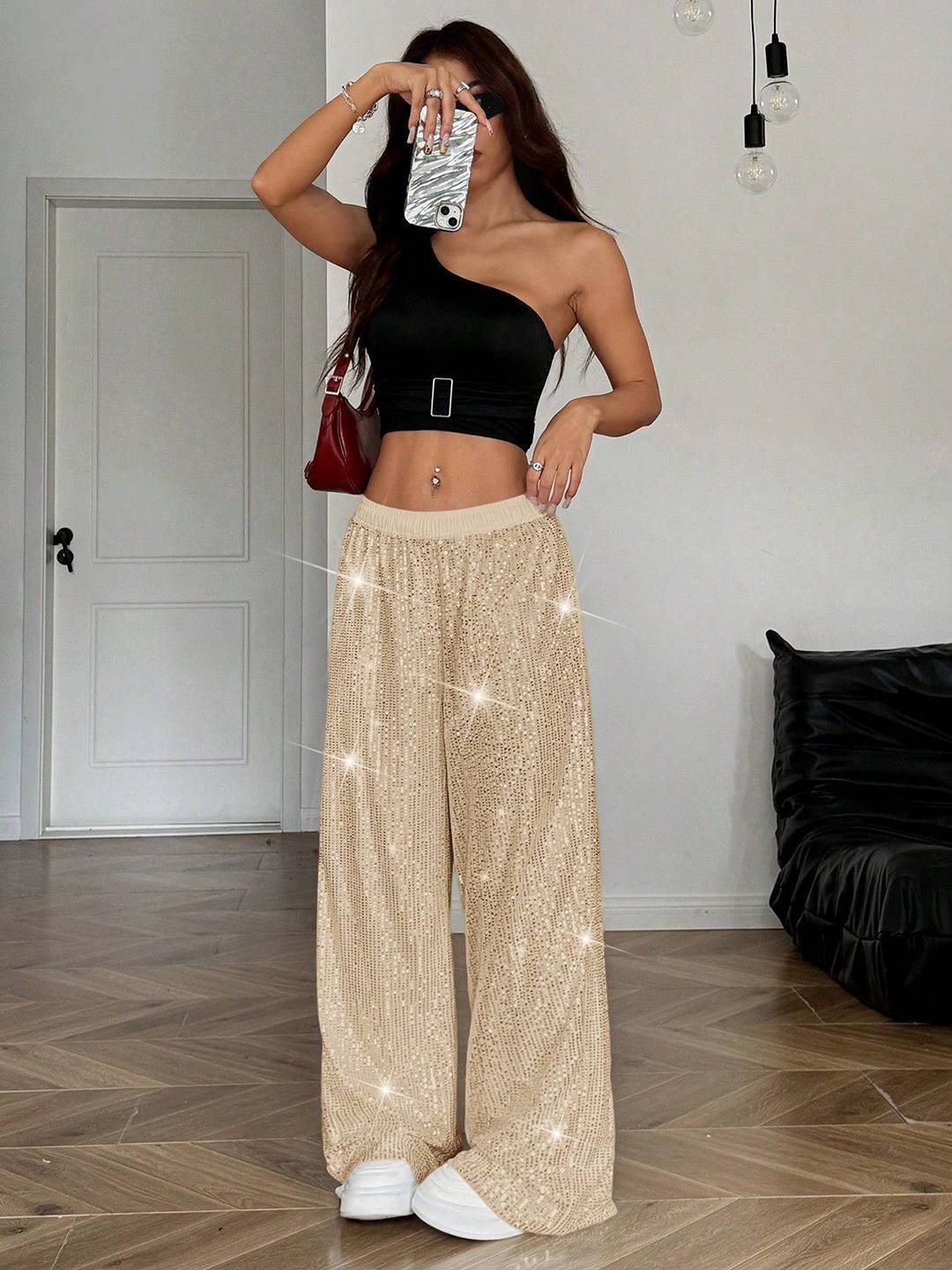 Cocolii pantalons larges jambes évasé femme brillante paillette taille élastique décontracté pour soirée noël