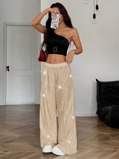 Cocolii pantalons larges jambes évasé femme brillante paillette taille élastique décontracté pour soirée noël