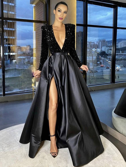 Cocolii robe longue brillante paillette fendu le côté v-cou manches longues femme élégant de soirée