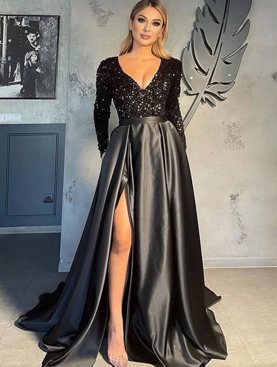Cocolii robe longue brillante paillette fendu le côté v-cou manches longues femme élégant de soirée