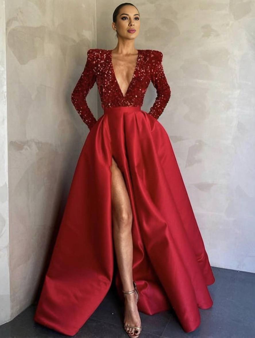 Cocolii robe longue brillante paillette fendu le côté v-cou manches longues femme élégant de soirée