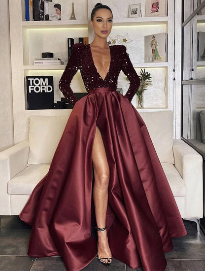 Cocolii robe longue brillante paillette fendu le côté v-cou manches longues femme élégant de soirée