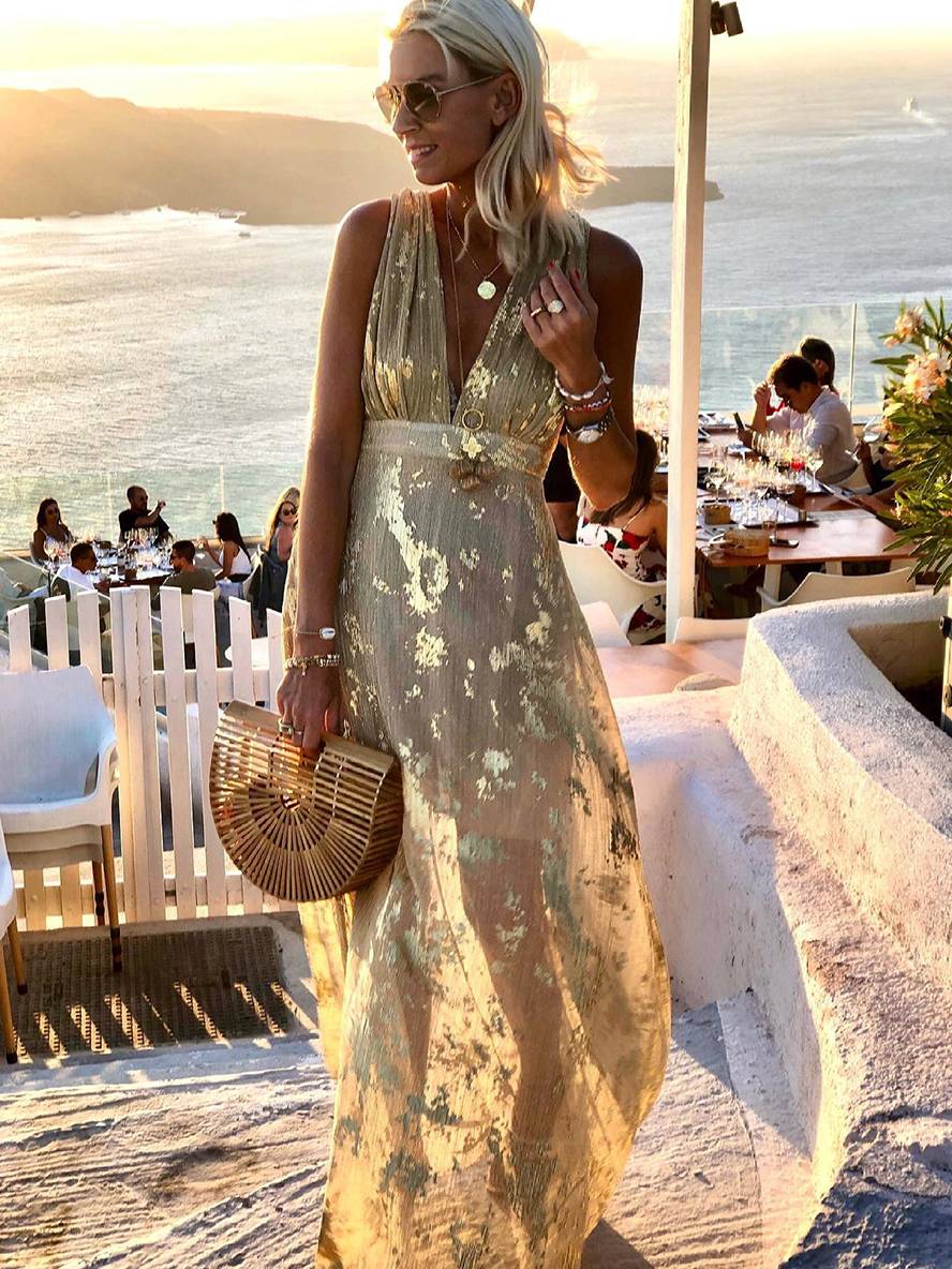 Cocolii robe longue bronzage brillante paillette v-cou sans manches élégant femme de soirée de plage