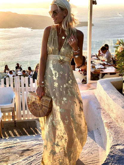 Cocolii robe longue bronzage brillante paillette v-cou sans manches élégant femme de soirée de plage