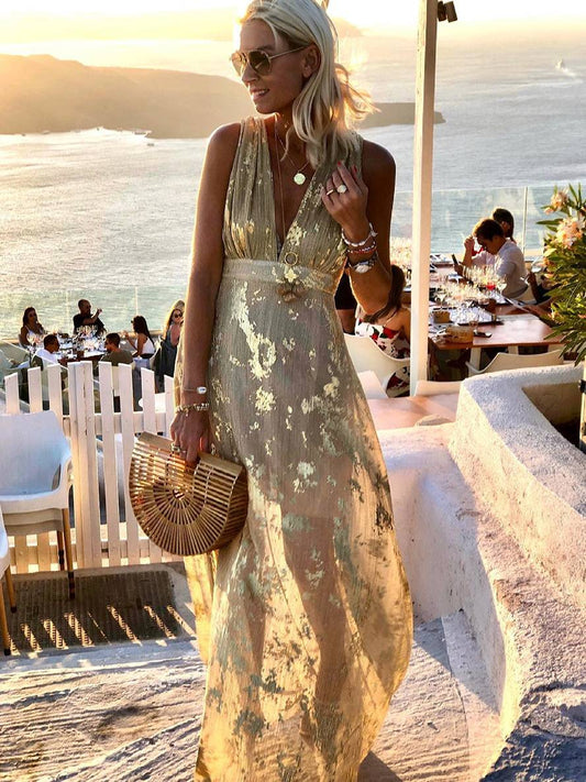 Cocolii robe longue bronzage brillante paillette v-cou sans manches élégant femme de soirée de plage