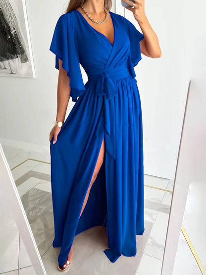 Cocolii robe longue v-cou fendu le côté fluide ceinture manches courtes femme élégant de soirée bal de promo