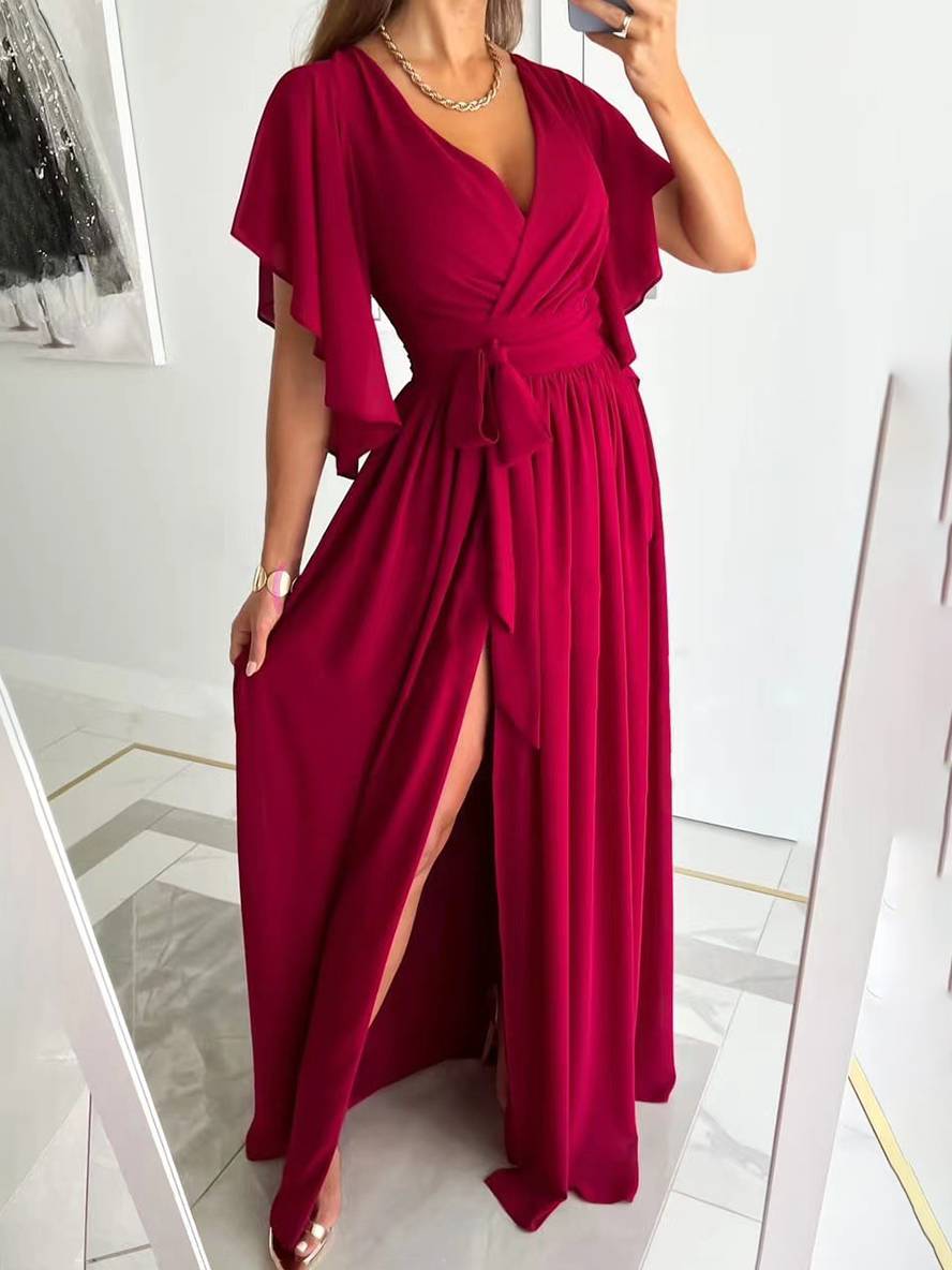 Cocolii robe longue v-cou fendu le côté fluide ceinture manches courtes femme élégant de soirée bal de promo