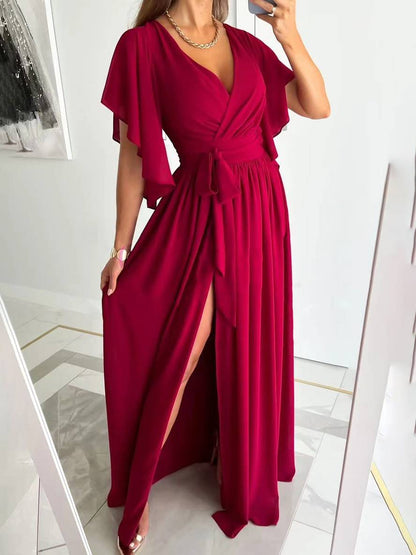 Cocolii robe longue v-cou fendu le côté fluide ceinture manches courtes femme élégant de soirée bal de promo