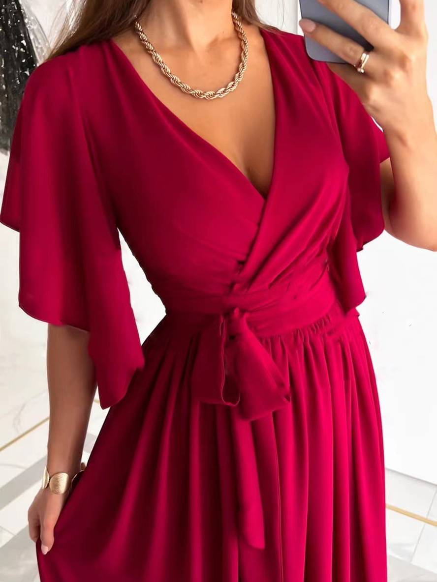 Cocolii robe longue v-cou fendu le côté fluide ceinture manches courtes femme élégant de soirée bal de promo