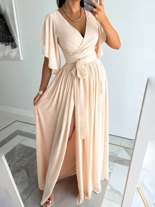 Cocolii robe longue v-cou fendu le côté fluide ceinture manches courtes femme élégant de soirée bal de promo