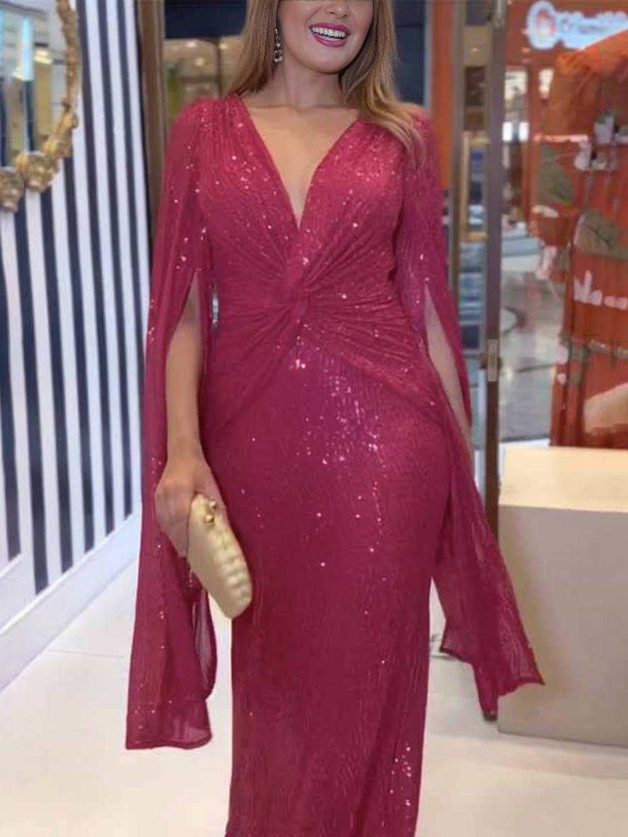 Cocolii robe longue v-cou brillante paillette nœud manches fendues manches longues femme de soirée cérémonie