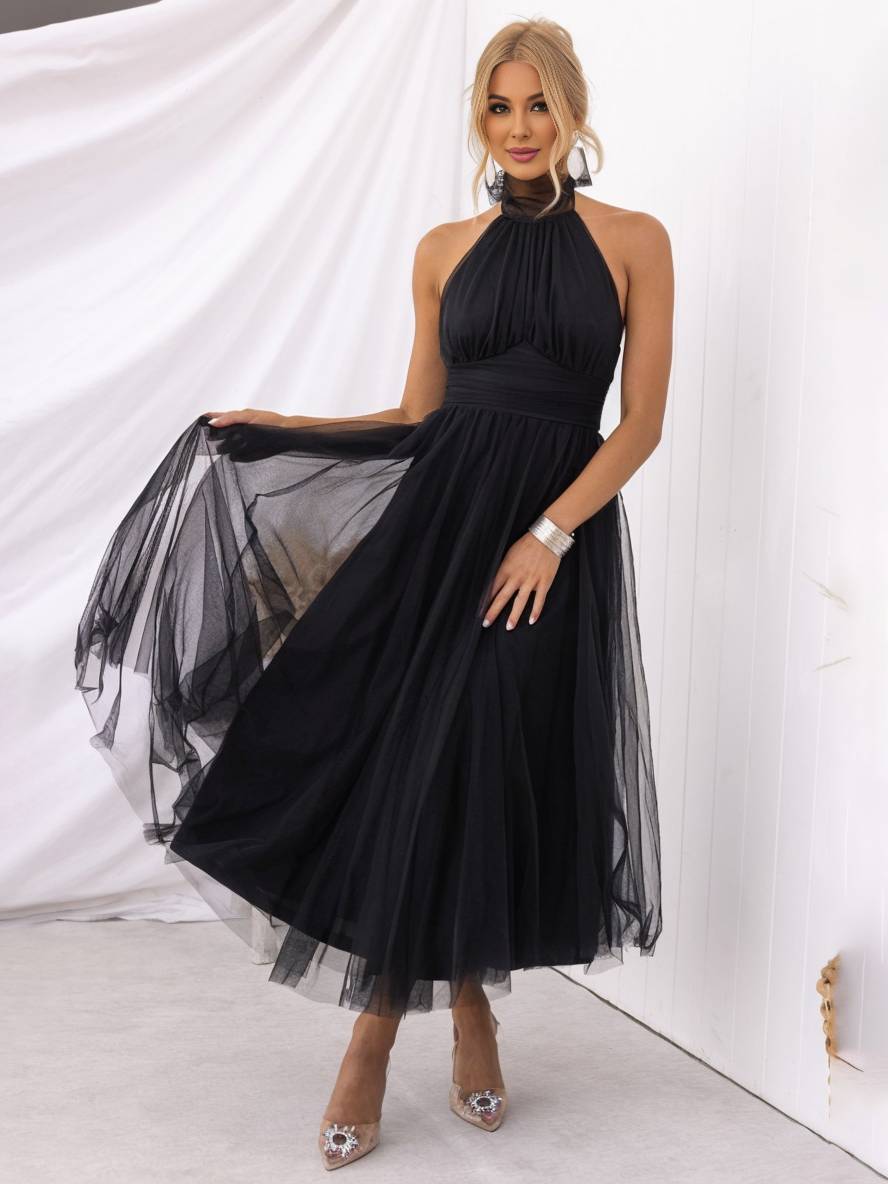 Cocolii longue robe trapèze licou découpes tutu en tulle noeud papillon sans manches femme doux élégant de soirée bal de promo