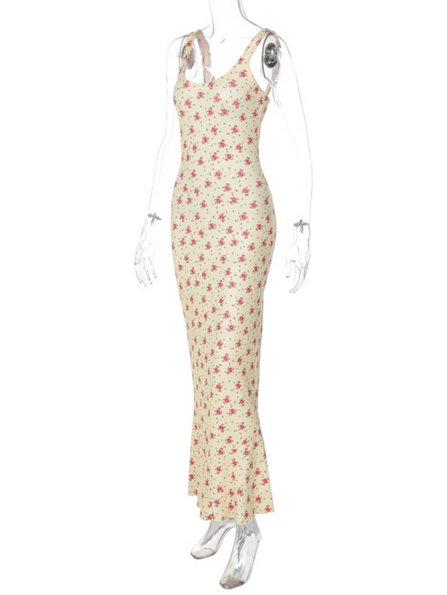 Cocolii robe longue imprimé à fleurie à volantée à fines brides sans manches femme élégant décontracté