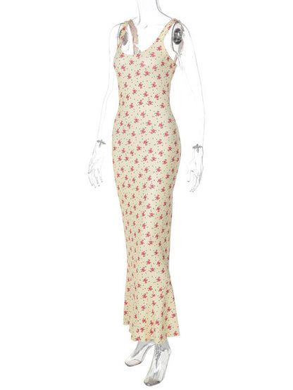 Cocolii robe longue imprimé à fleurie à volantée à fines brides sans manches femme élégant décontracté