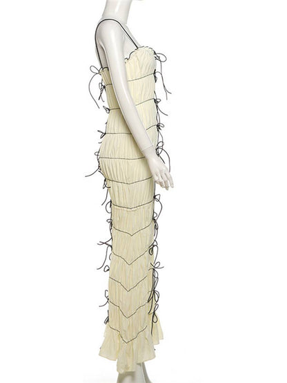 Cocolii robe longue col carré à volantée sirene dos nu à fines brides sans manches femme élégant mode de plage