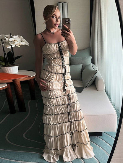 Cocolii robe longue col carré à volantée sirene dos nu à fines brides sans manches femme élégant mode de plage