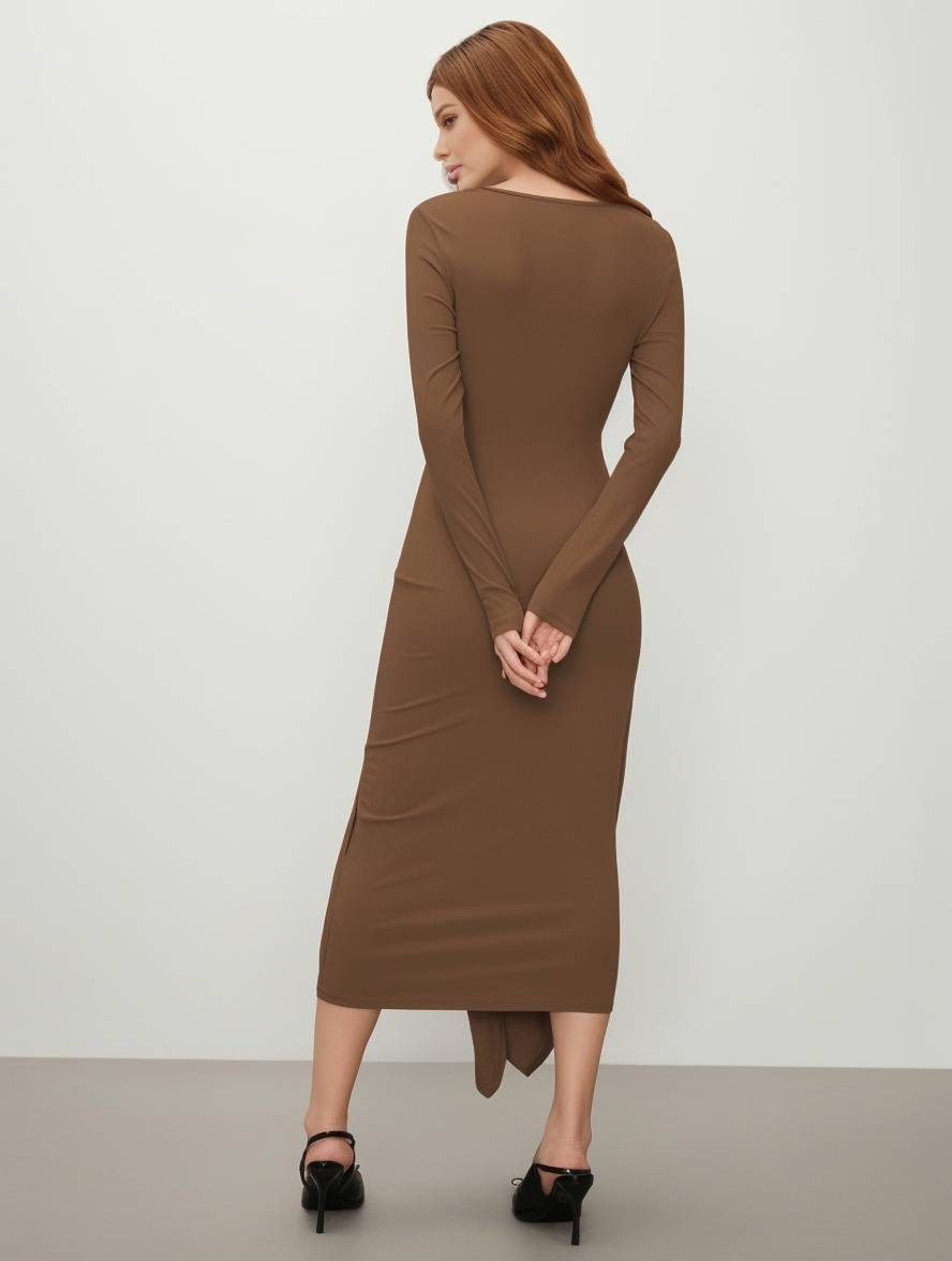 Cocolii robe longue unicolore ceinture col carré manches longues casual élégant mode décontracté