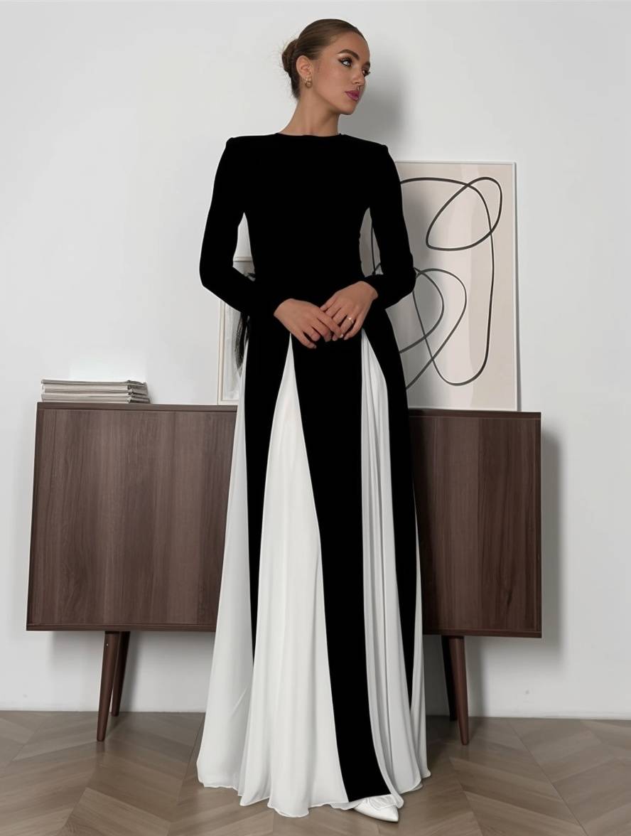 Cocolii robe longue blanche noir couleur bloc col rond manches longues femme élégant décontracté de soirée