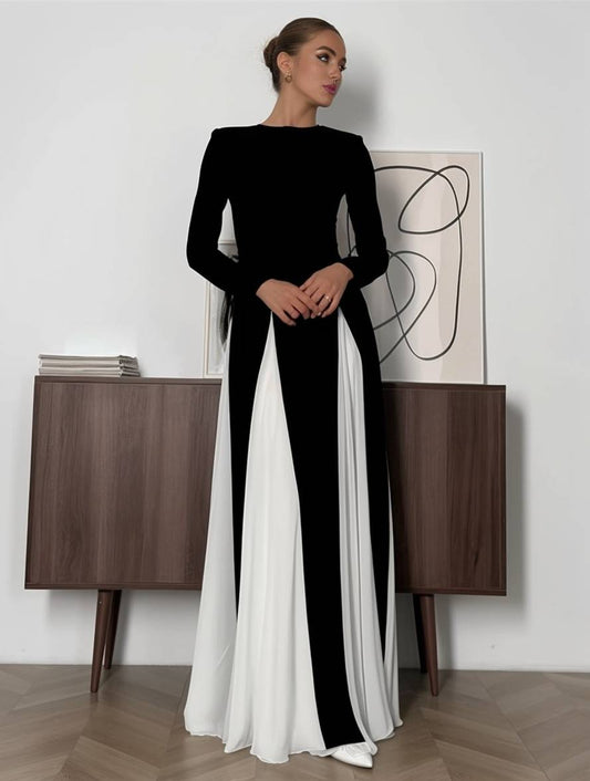 Cocolii robe longue blanche noir couleur bloc col rond manches longues femme élégant décontracté de soirée