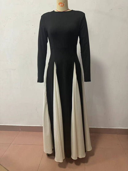 Cocolii robe longue blanche noir couleur bloc col rond manches longues femme élégant décontracté de soirée