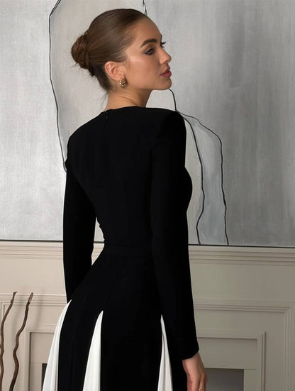 Cocolii robe longue blanche noir couleur bloc col rond manches longues femme élégant décontracté de soirée