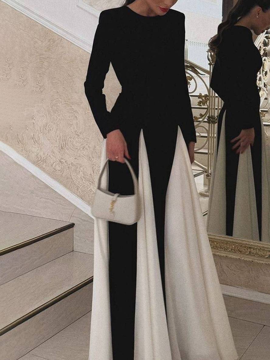 Cocolii robe longue blanche noir couleur bloc col rond manches longues femme élégant décontracté de soirée