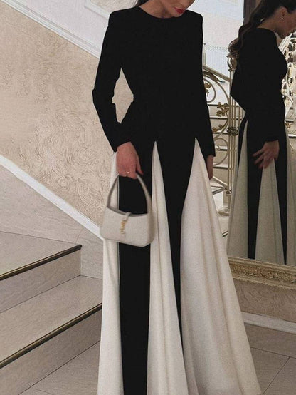 Cocolii robe longue blanche noir couleur bloc col rond manches longues femme élégant décontracté de soirée