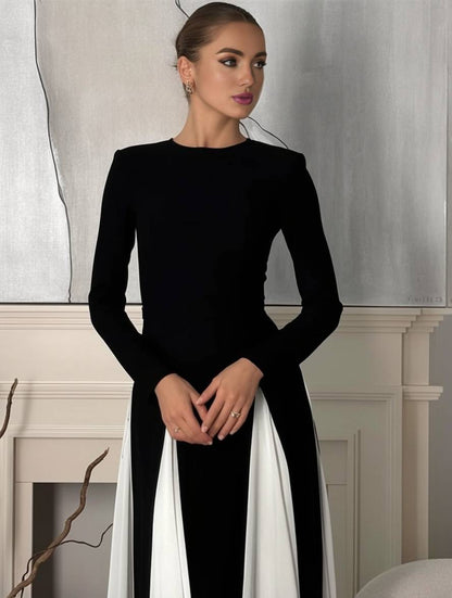 Cocolii robe longue blanche noir couleur bloc col rond manches longues femme élégant décontracté de soirée