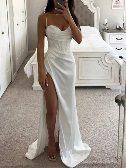 Cocolii robe longue moulante fendu le côté bustier dos nu à fines brides sans manches femme de soirée pour mariage