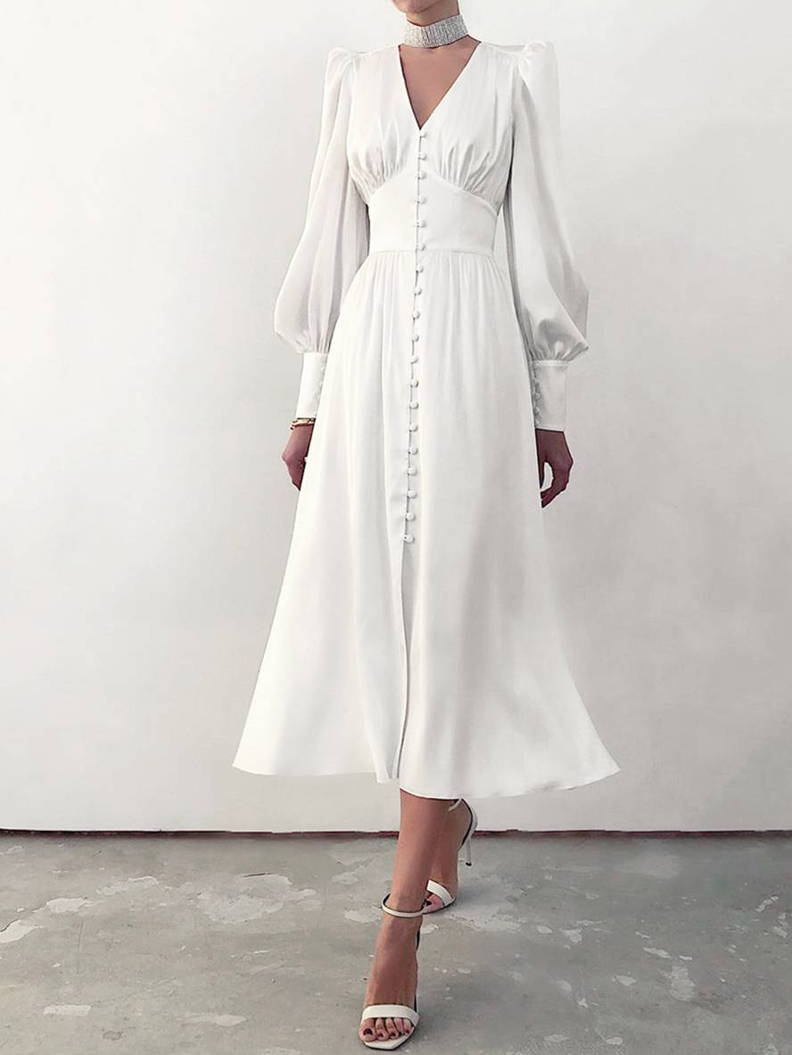 Cocolii robe longue en satin v-cou boutonnage manches bishop manches longues femme élégant vintage de soirée pour mariage