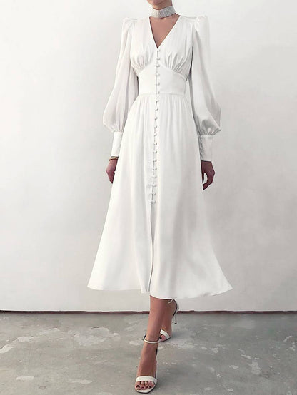 Cocolii robe longue en satin v-cou boutonnage manches bishop manches longues femme élégant vintage de soirée pour mariage