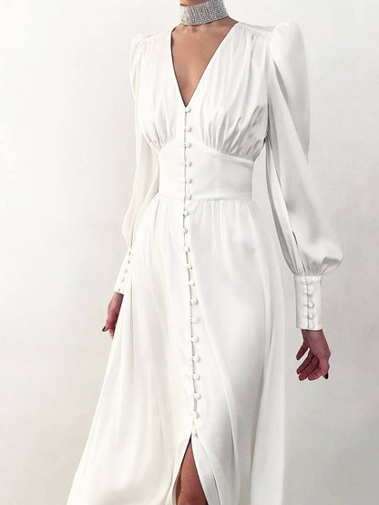 Cocolii robe longue en satin v-cou boutonnage manches bishop manches longues femme élégant vintage de soirée pour mariage